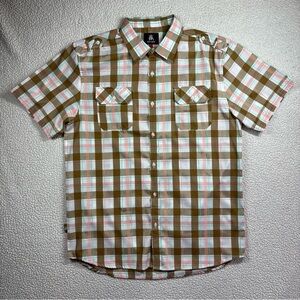 Red Ape Mens XXL Plaid Button Down Shirt Brown Pink Utility Pockets Short Sleeve